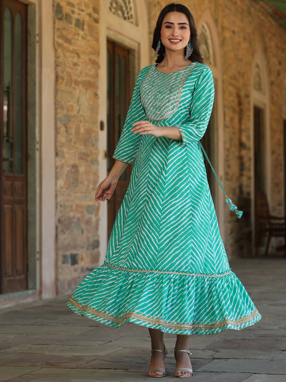 Juniper Women's Green Printed Embroidered Mirror Work Sequin Cotton Flared Dress | Grocsy