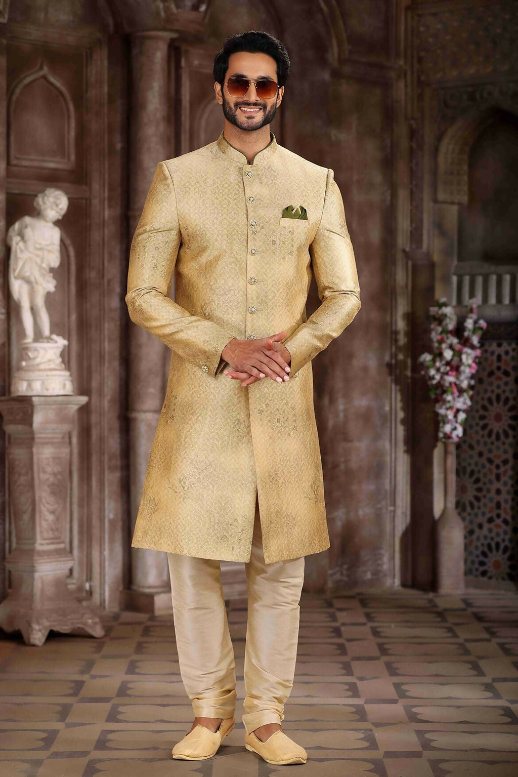 Raivat Ethnic Art Silk Digital Print Sherwani In Yellow Colour | Grocsy