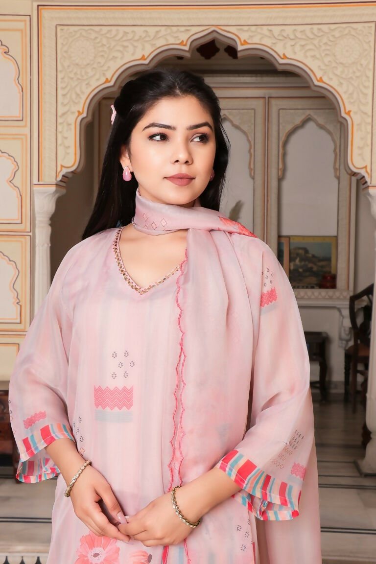 Vaasva Women Beige Tabby Slik Print & Embroidered Kurta, Pant & Dupatta set | Grocsy