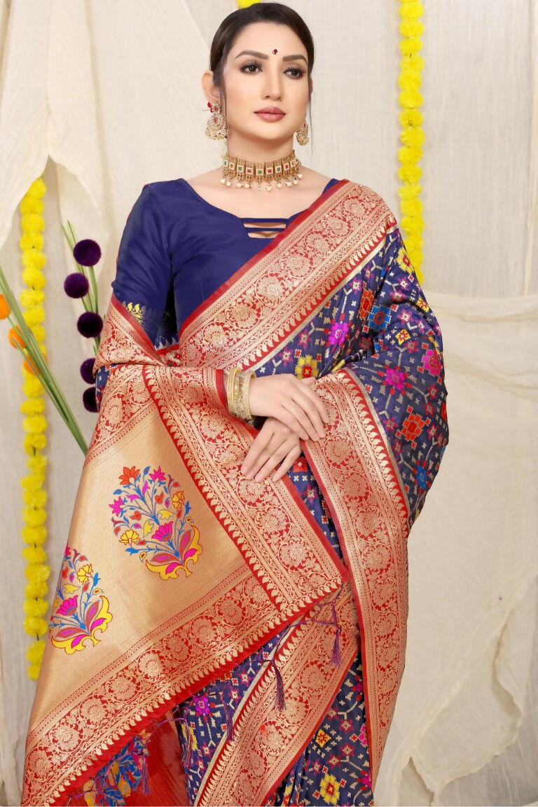 Jyoti Fashion Women's Navy Blue Patola Silk Zari Woven Saree with Blouse | Grocsy