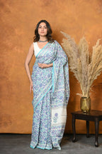 Very Much Indian Handblock Printed Cotton Saree With Natural Dyes - White | Grocsy