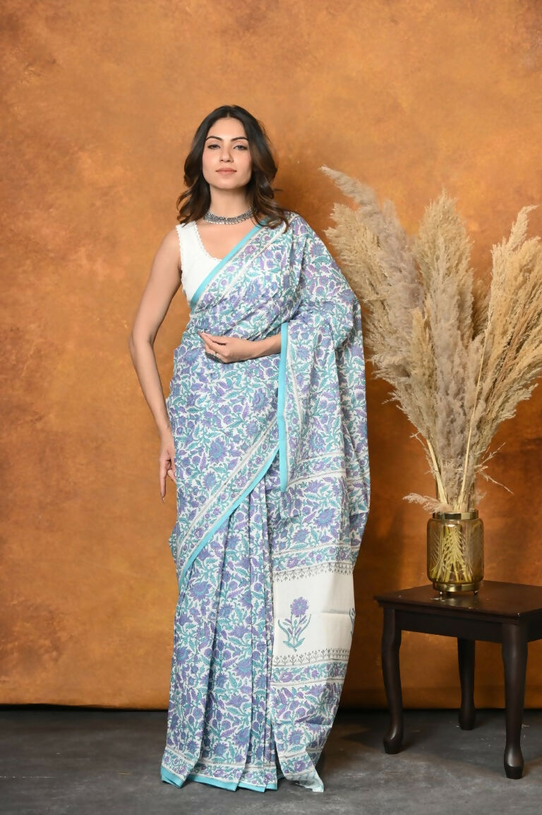 Very Much Indian Handblock Printed Cotton Saree With Natural Dyes - White | Grocsy