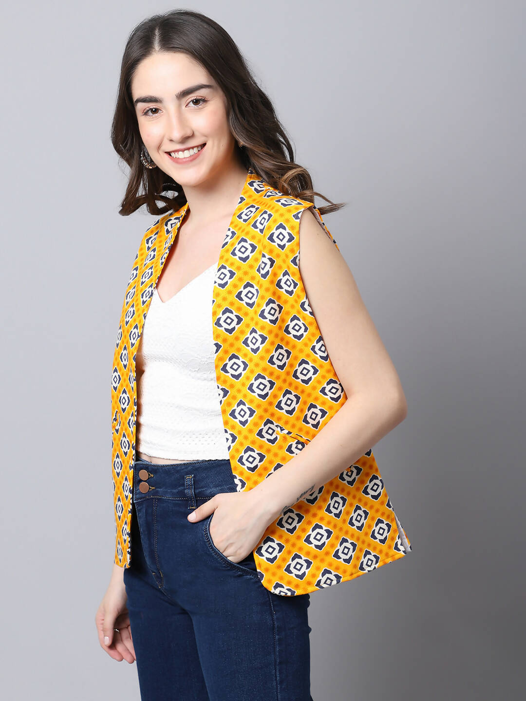 Even Apparels Yellow 100% Viscose Rayon Open Front Gillet | Grocsy