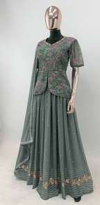 Lorenvalley Fashion Grey Faux Georgette Embroidery with Sequince Work Salwar Lehenga Stitched | Grocsy