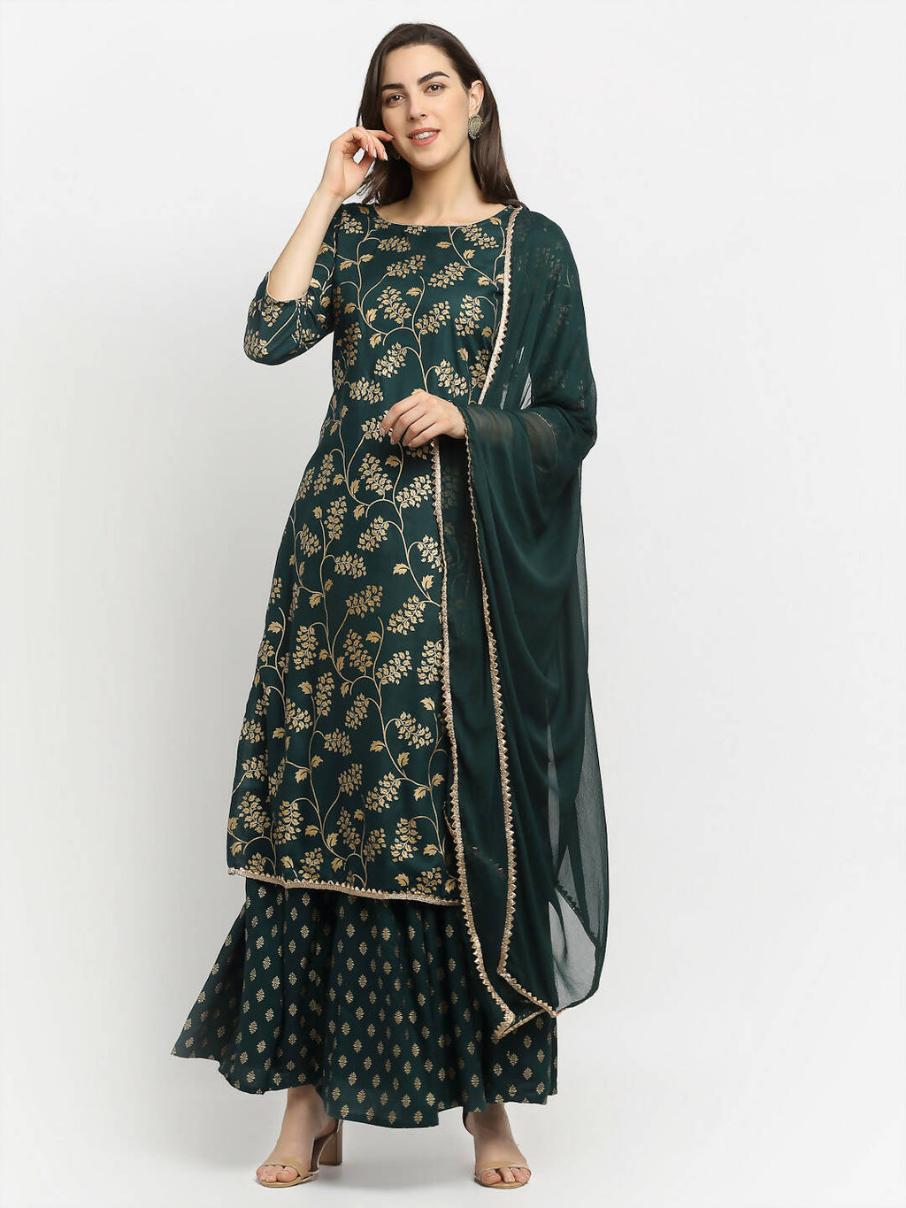 Rudra Bazaar Green Gold Printed Straight Kurta with Gold Printed Skirt & Dupatta | Grocsy