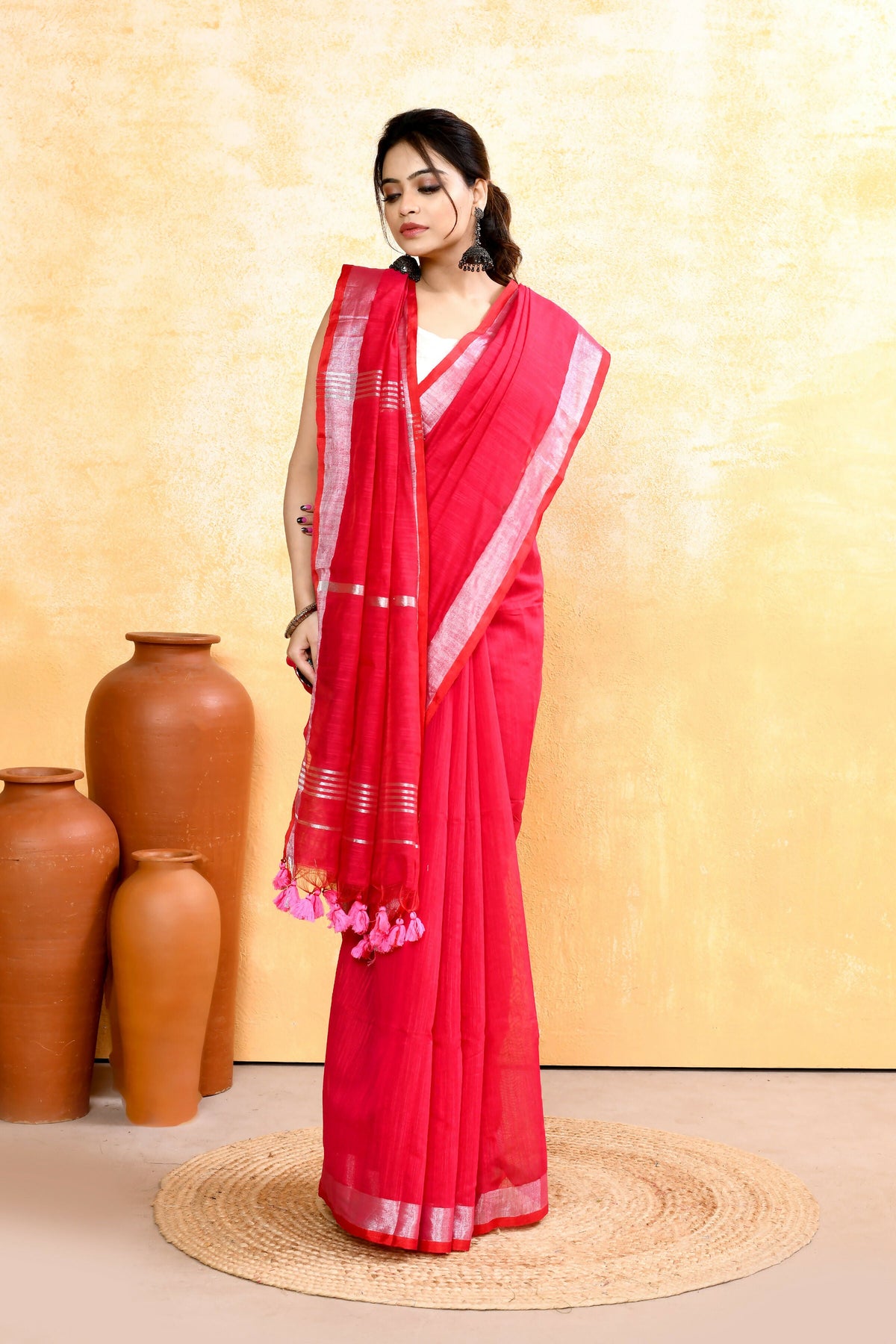 Piyari Fashion Women's Rani Pink Embellished Cotton Blend Zari Border Handloom Saree | Grocsy