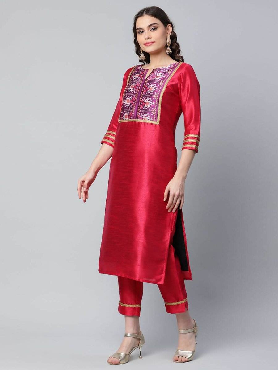 Ahalyaa Womens Red Art Silk Printed Kurta Pant Set | Grocsy