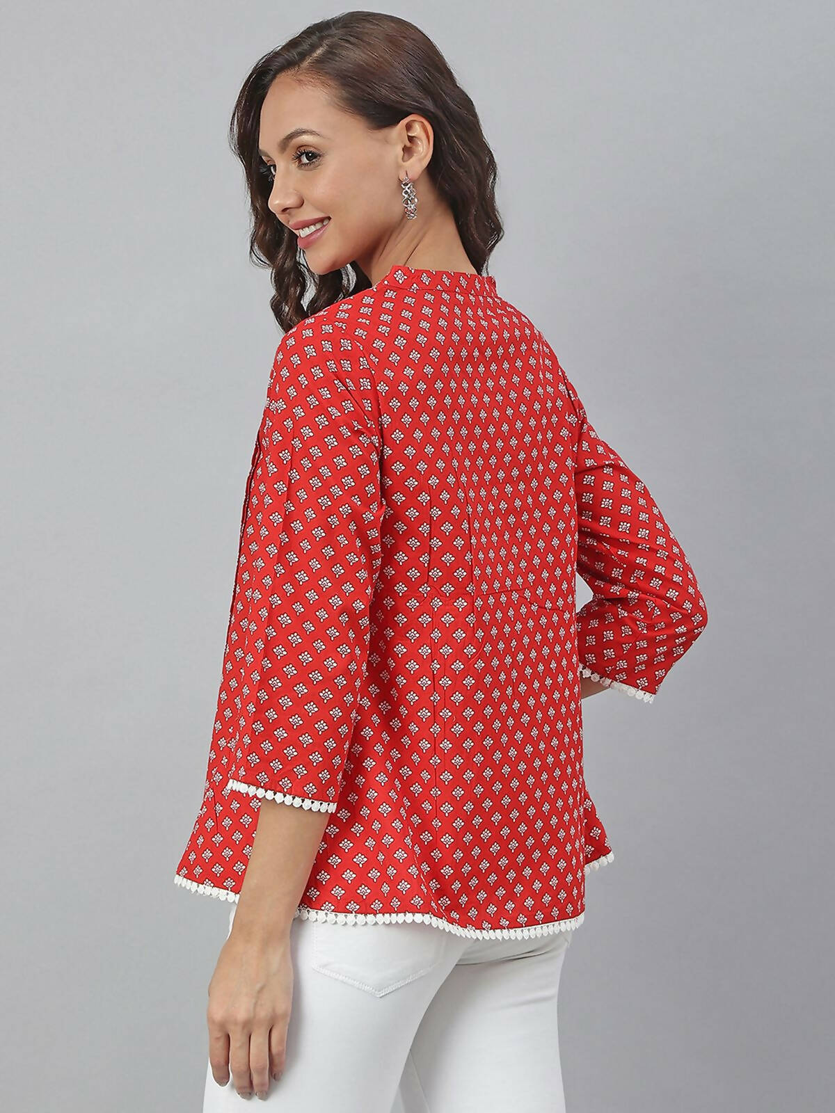 Janasya Women's Red Cotton Floral Print Flared Top | Grocsy
