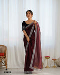 Attrctive Looking Gold Jari, Sequance Embroidery Work Twill Net Party Wear Saree - Coffee | Grocsy