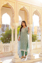 Vaasva Women Sky Blue Linen Floral Printed Kurta, Pant & Dupatta set | Grocsy