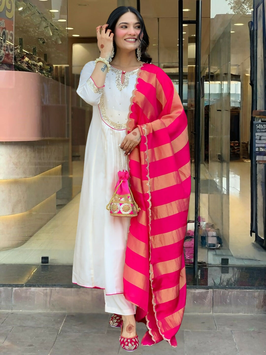 The52 White Women's Gorgeous Embroidered Work Chanderi Fabric Flared Kurta Pant and Dupatta Set | Grocsy
