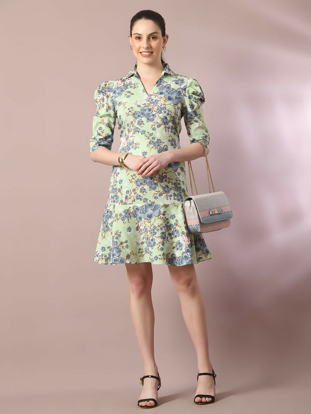 Myshka Women's Green Printed Shirt Collar Fit and Flare Party Dress | Grocsy