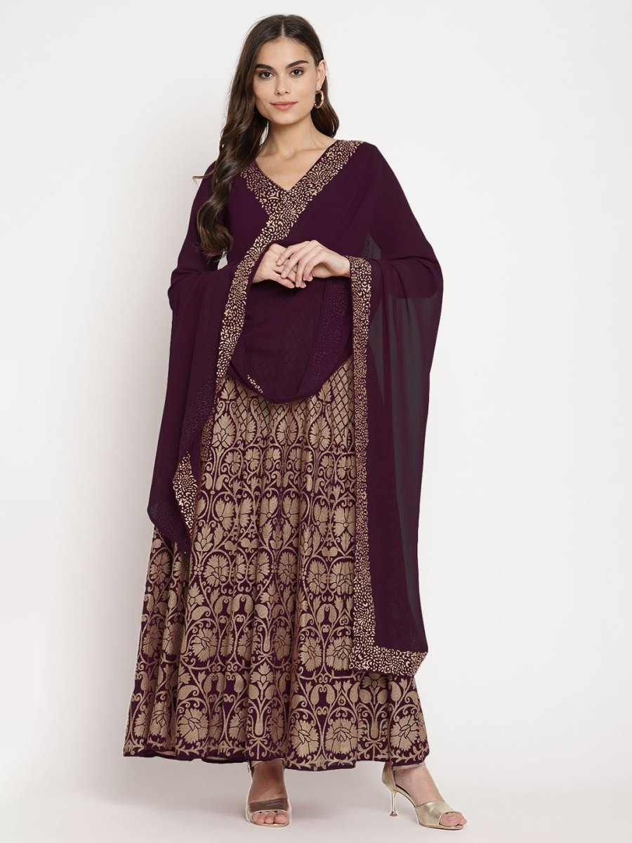 Ahalyaa Women's Wine Georgette Gold Foil Print Flared Kurta With Dupatta | Grocsy