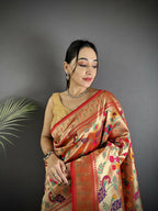 Joban Fashion Pastel Red Peacocks Flowers & Leaves Soft Silk Paithani Saree | Grocsy