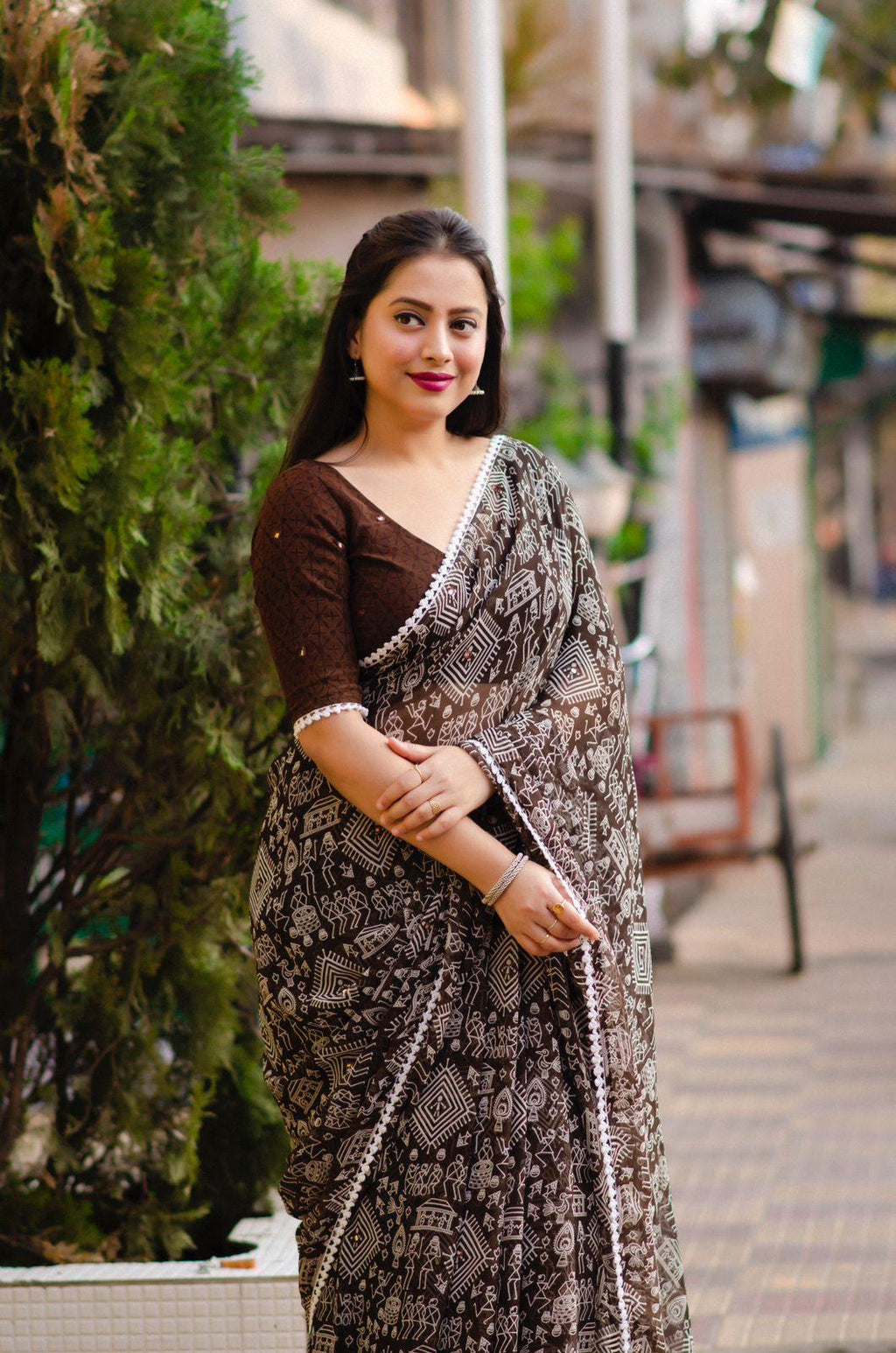 Coffee Poly Georgette Ethnic Motifs Saree with Unstitched Blouse - A2M | Grocsy