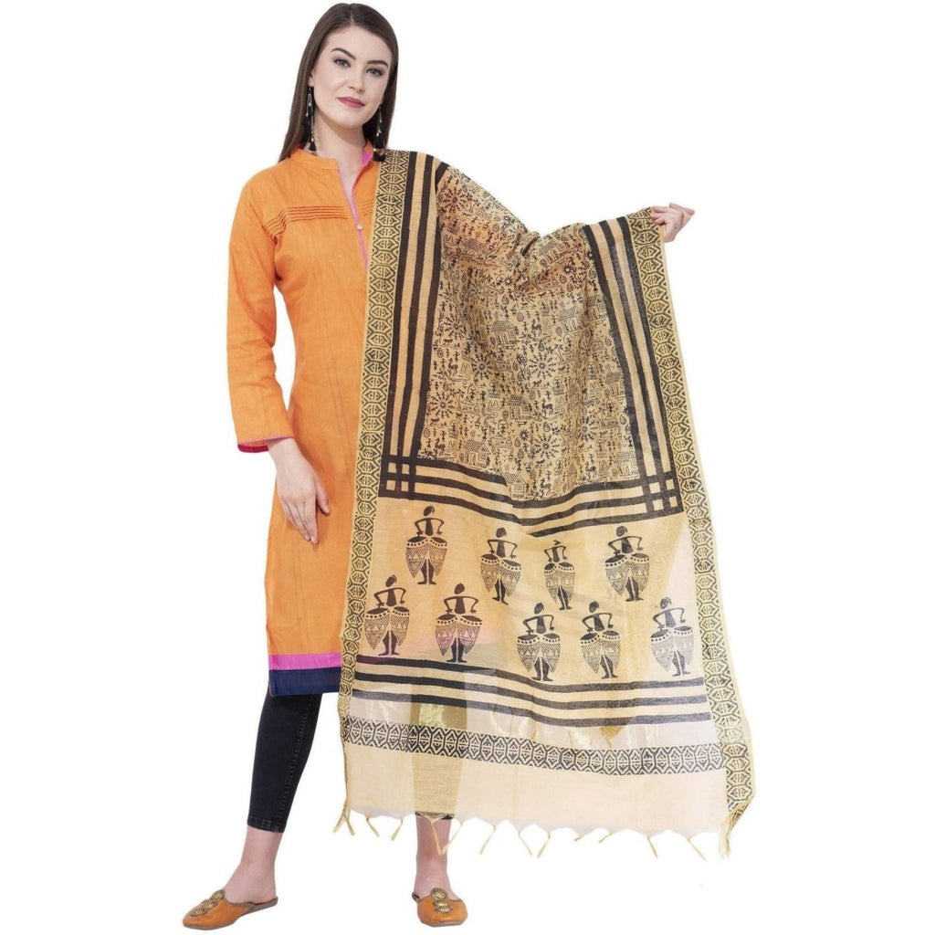 A R Silk Women's Block Print Chanderi Cotton Dark Golden Dupattas and Chunnis | Grocsy