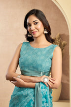 Vastranavya Sky Blue Digital Printed Linen Ready To Wear Designer Saree with Unstitched Blouse | Grocsy