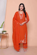Miravan Womens Embroidered Cotton Kurta With Palazzo & Dupatta Set | Grocsy