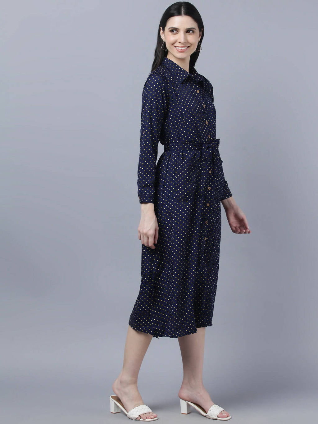 Myshka Women Navy Blue Yellow Printed Shirt Dress | Grocsy