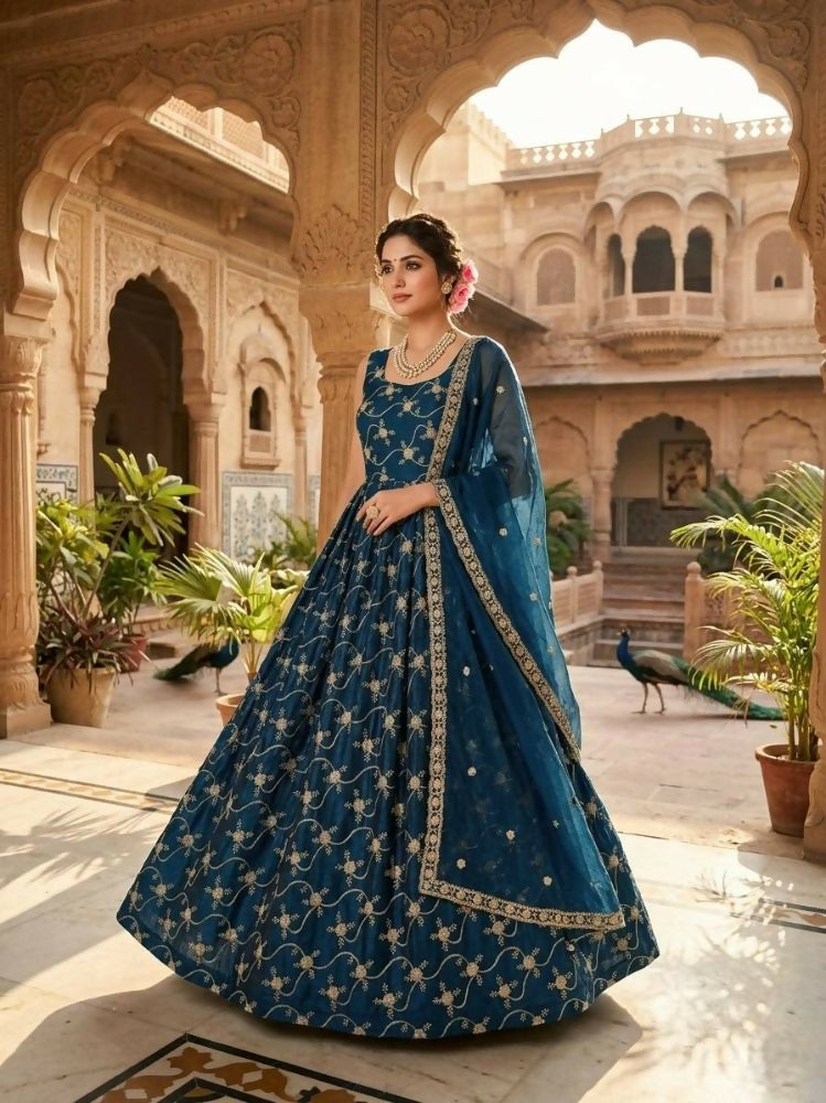 Teeya Creation Blue Color Fendy Silk Heavy Embroidery Work Wedding Wear Long Gown | Grocsy