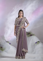 Lavendar Crepe Satin Silk Designer Ready to wear saree with stithced Blouse - Mohmanthan Aura | Grocsy