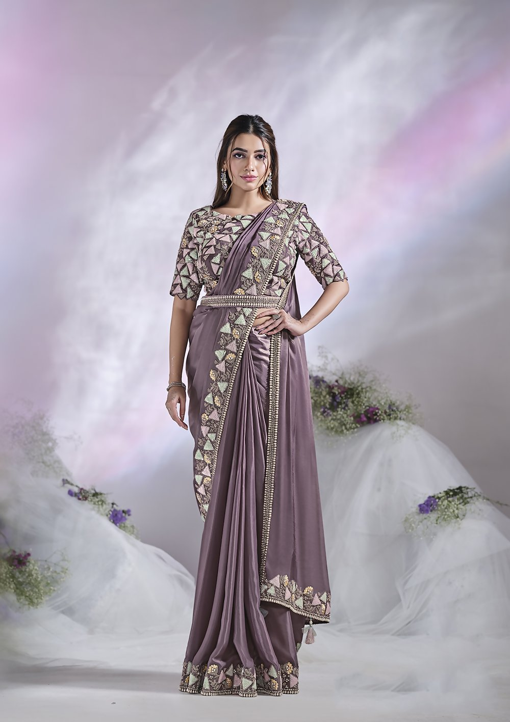 Lavendar Crepe Satin Silk Designer Ready to wear saree with stithced Blouse - Mohmanthan Aura | Grocsy