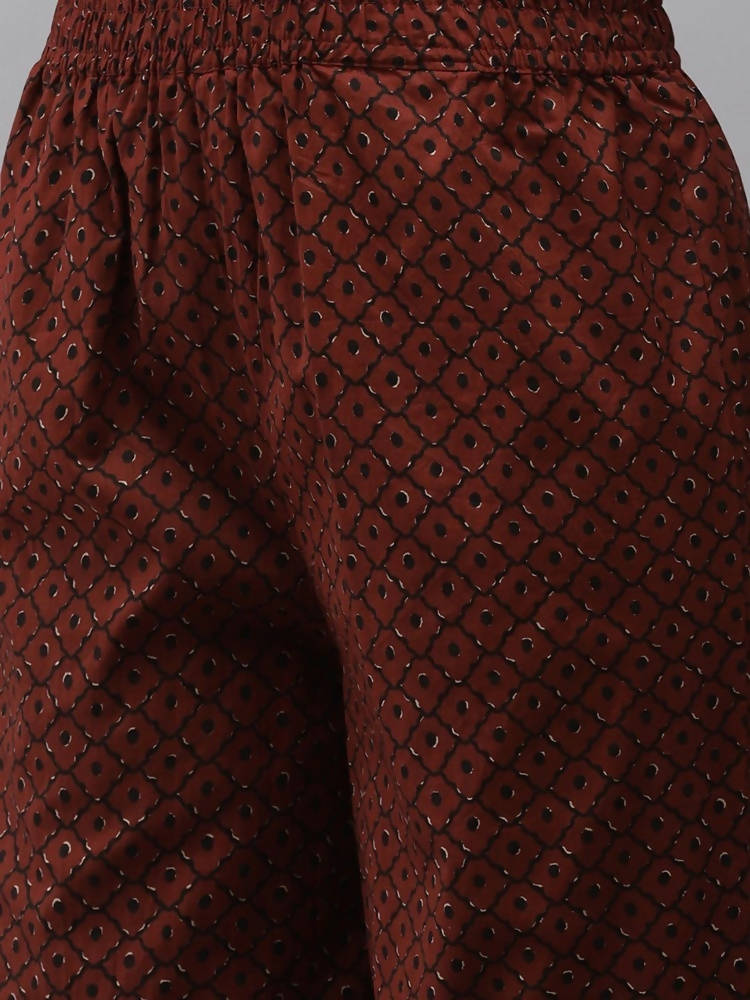 Yufta Women Black & Rust Brown Ethnic Motifs Printed Kantha Work Pure Cotton Kurta Set | Grocsy