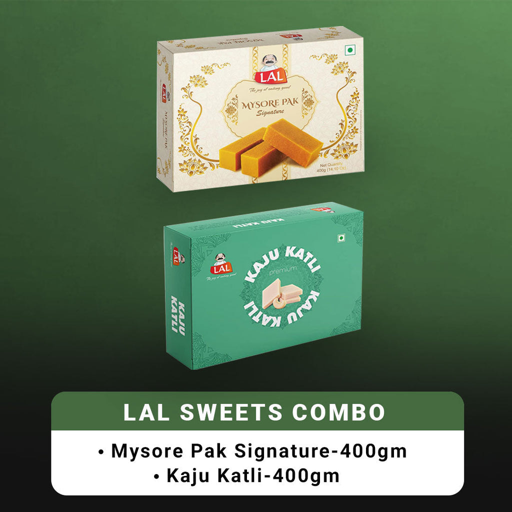 Lal Sweets Combo Pack - Mysore Pak Signature 400Gm And Kaju Katli 400 Gm Gift Pack | Desi Cow Ghee Indian Sweets | Mithai Box | Grocsy