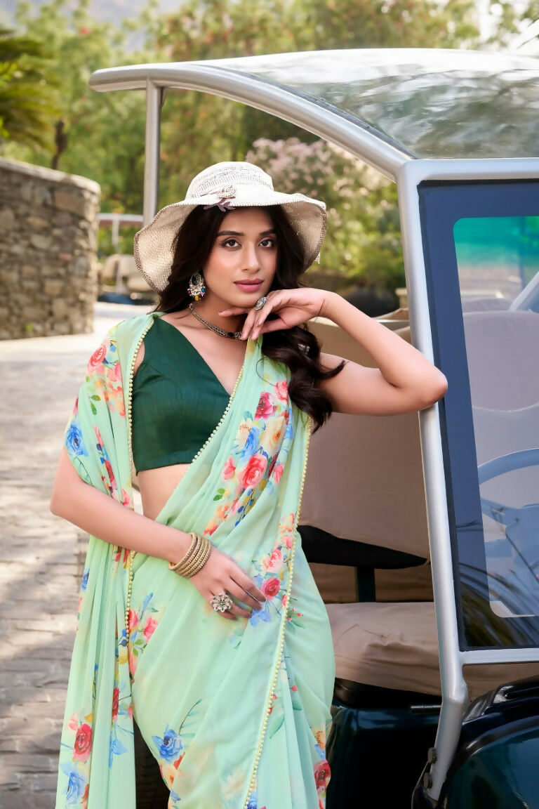 Vastranavya Pista Weightless Marble Printed & Pearl Lace Border Saree with Unstitched Blouse | Grocsy
