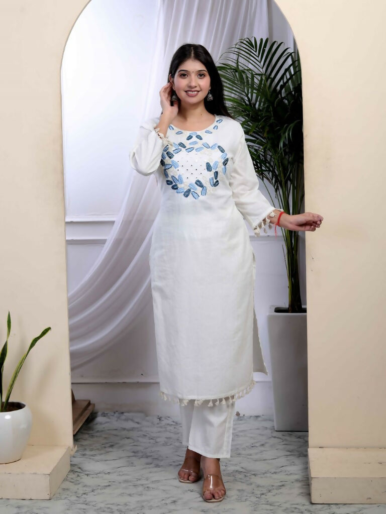 Miravan Women's White Cotton Thread Work Embroidered And Mirror Work Straight Kurta Palazzo With Dupatta Set | Grocsy