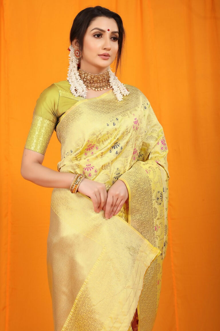 Jyoti Fashion Women's Cream Kanjivaram Silk Zari Woven Saree with Blouse | Grocsy
