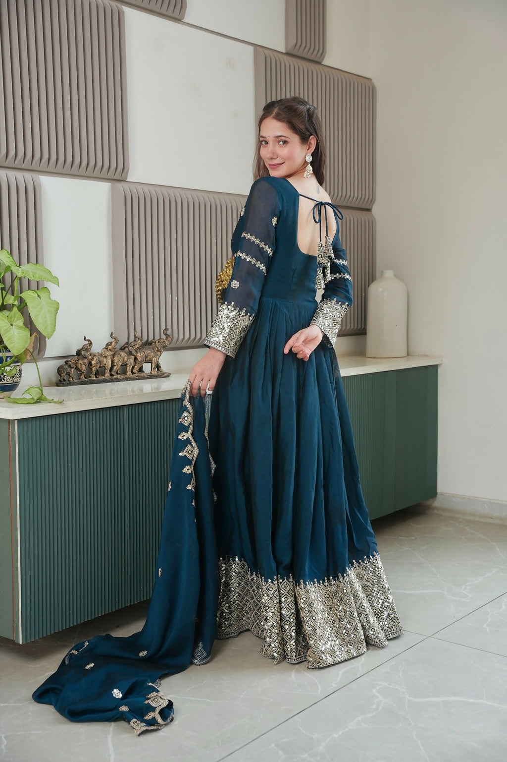 Teeya Creation Teal Color Heavy Crush Silk Wedding Wear Embroidery Work Long Gown | Grocsy