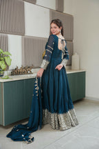 Teeya Creation Teal Color Heavy Crush Silk Wedding Wear Embroidery Work Long Gown | Grocsy