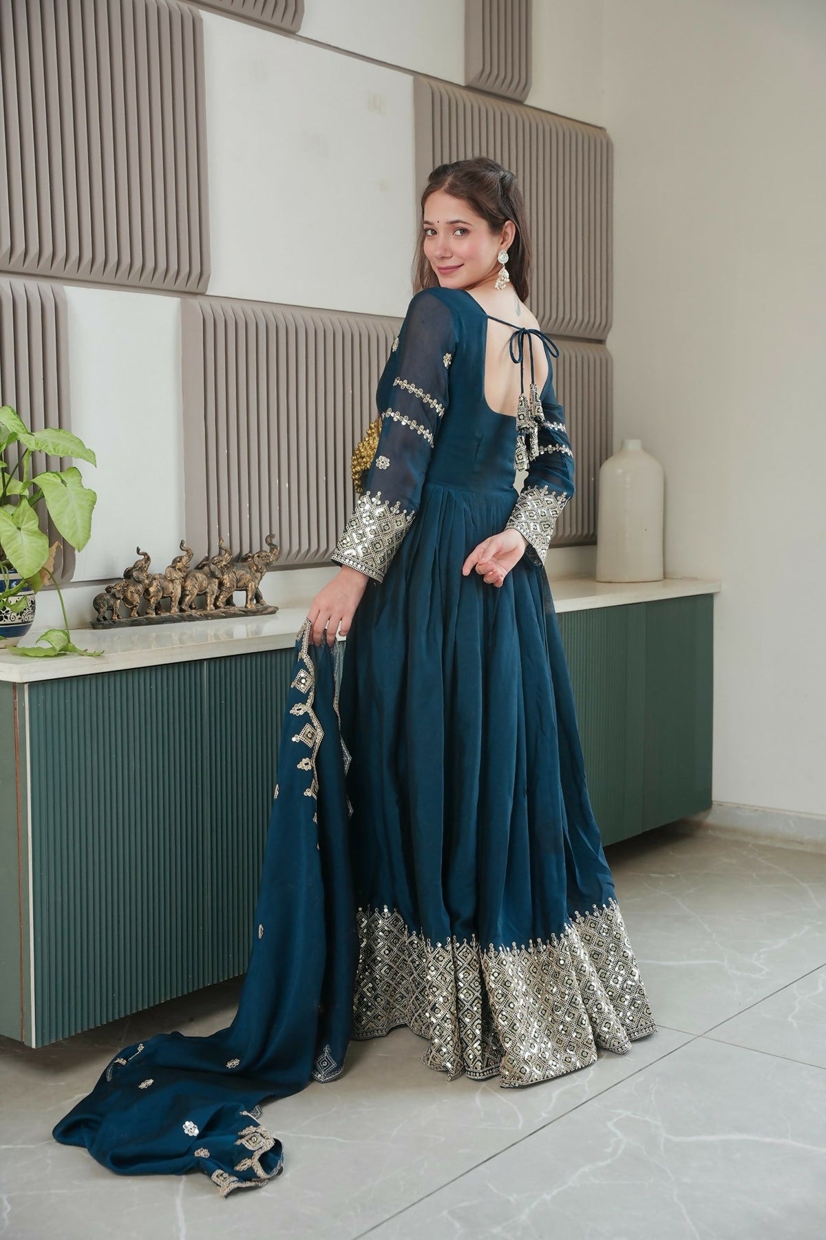 Teeya Creation Teal Color Heavy Crush Silk Wedding Wear Embroidery Work Long Gown | Grocsy