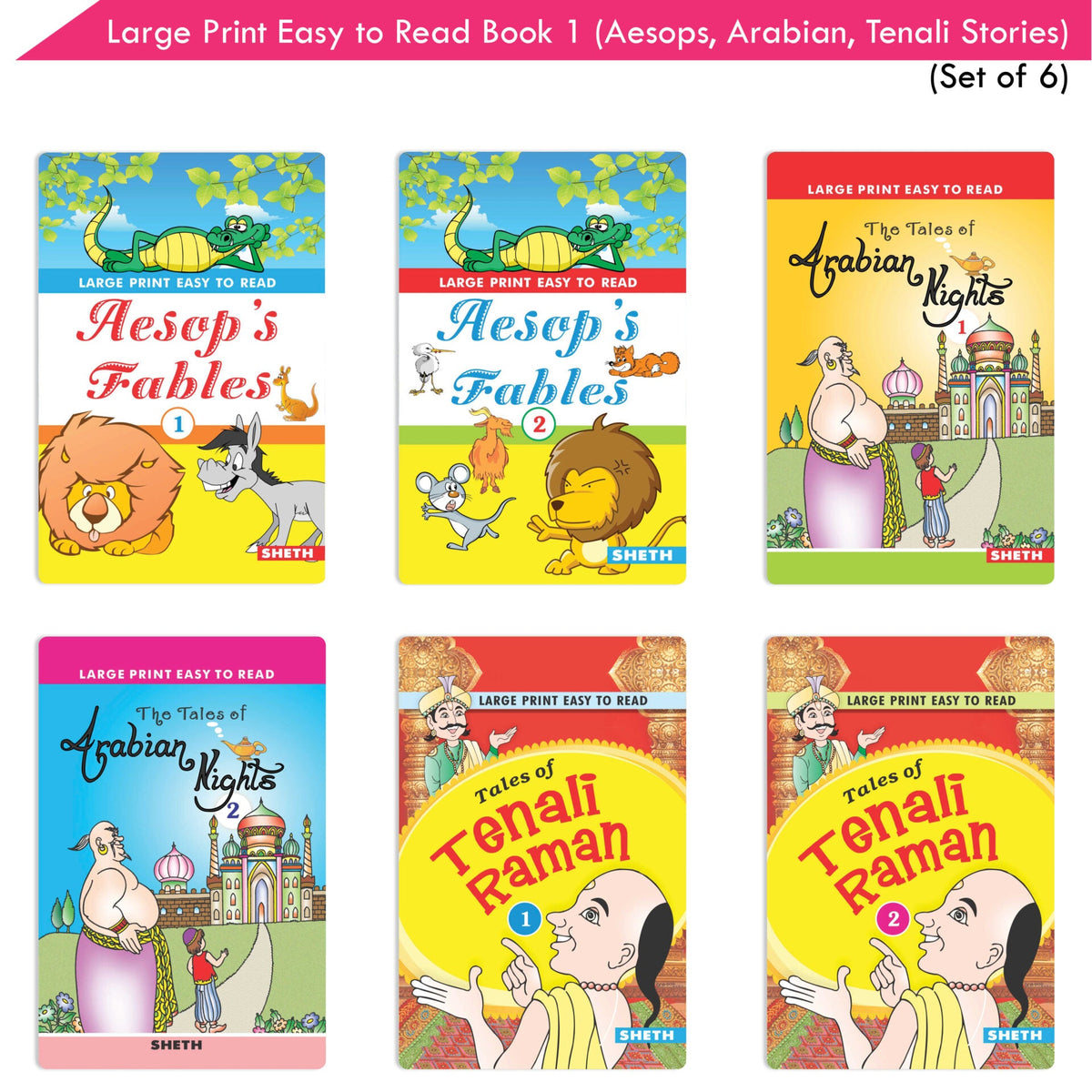 Large Print Easy to Read Aesop's Fables, Arabian Nights & Tenali Raman Classic Stories Books Set of 6| Ages 6 - 12 Year | Grocsy