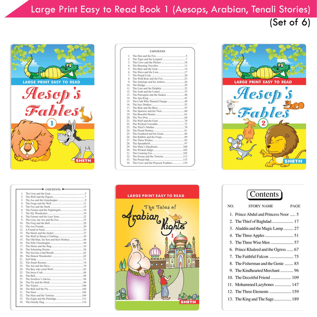 Large Print Easy to Read Aesop's Fables, Arabian Nights & Tenali Raman Classic Stories Books Set of 6| Ages 6 - 12 Year | Grocsy