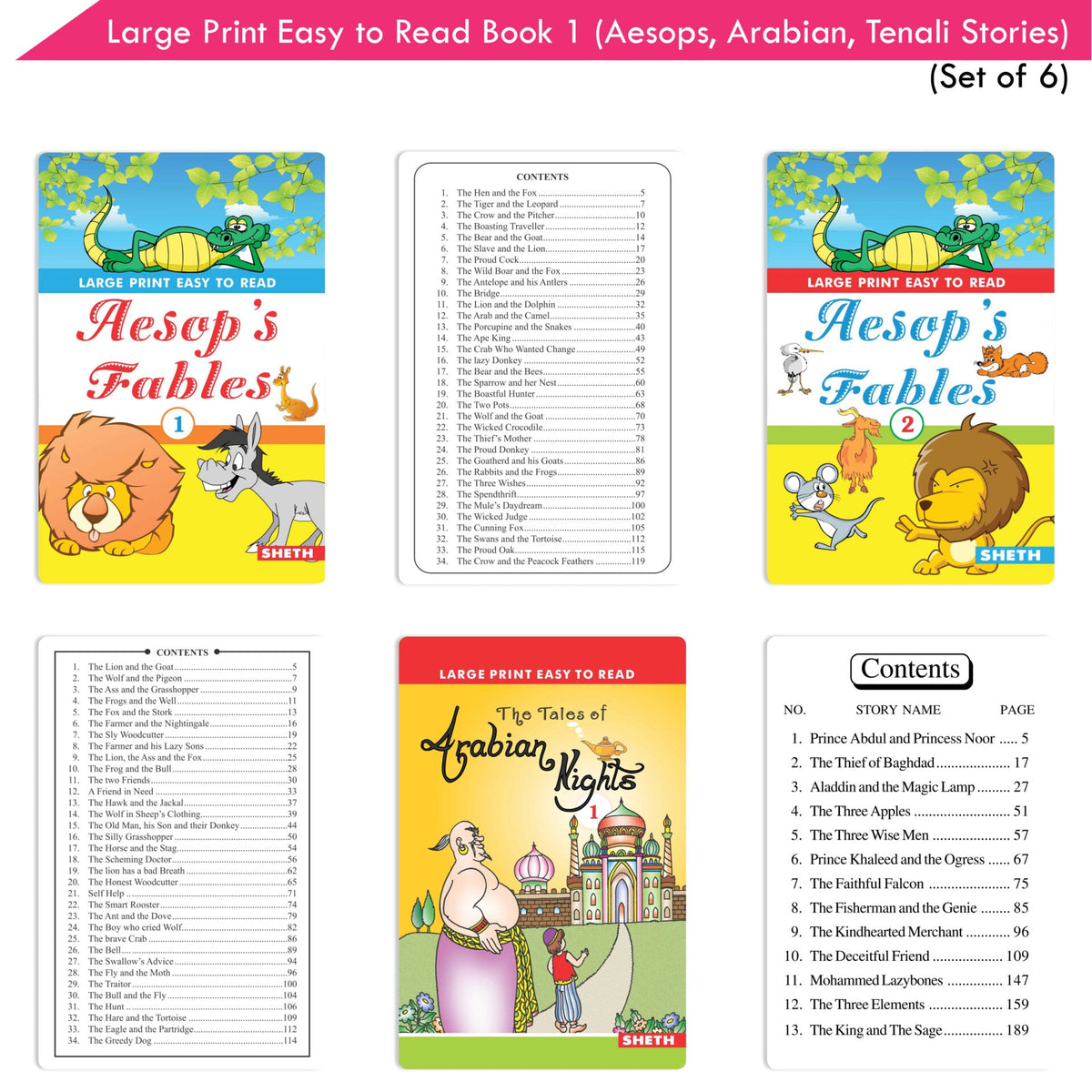 Large Print Easy to Read Aesop's Fables, Arabian Nights & Tenali Raman Classic Stories Books Set of 6| Ages 6 - 12 Year | Grocsy