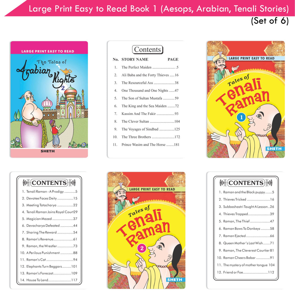 Large Print Easy to Read Aesop's Fables, Arabian Nights & Tenali Raman Classic Stories Books Set of 6| Ages 6 - 12 Year | Grocsy