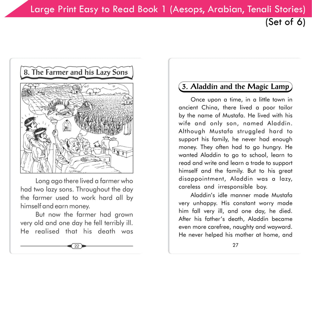 Large Print Easy to Read Aesop's Fables, Arabian Nights & Tenali Raman Classic Stories Books Set of 6| Ages 6 - 12 Year | Grocsy