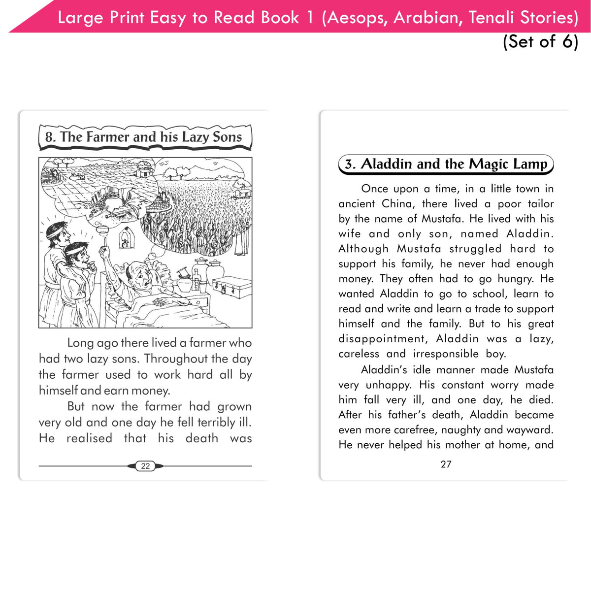 Large Print Easy to Read Aesop's Fables, Arabian Nights & Tenali Raman Classic Stories Books Set of 6| Ages 6 - 12 Year | Grocsy
