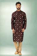 Raivat Ethnic Art Silk Printed Work Kurta Pajama In Brown Colour | Grocsy