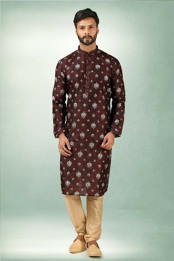 Raivat Ethnic Art Silk Printed Work Kurta Pajama In Brown Colour | Grocsy