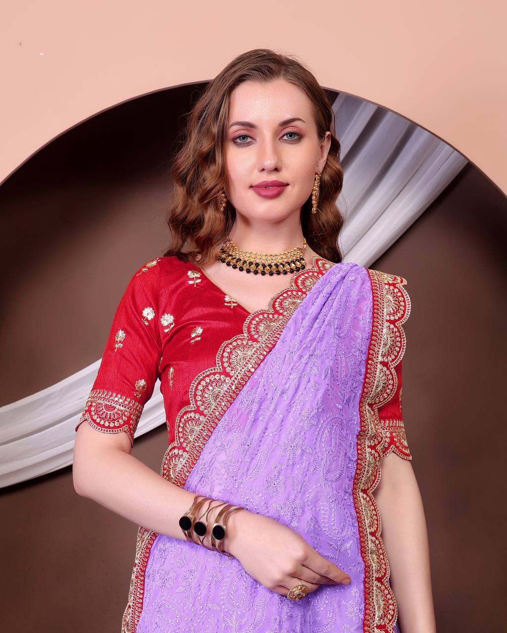 Teeya Creation Lavender Color Georgette Fabric Chikankari Work Saree | Grocsy