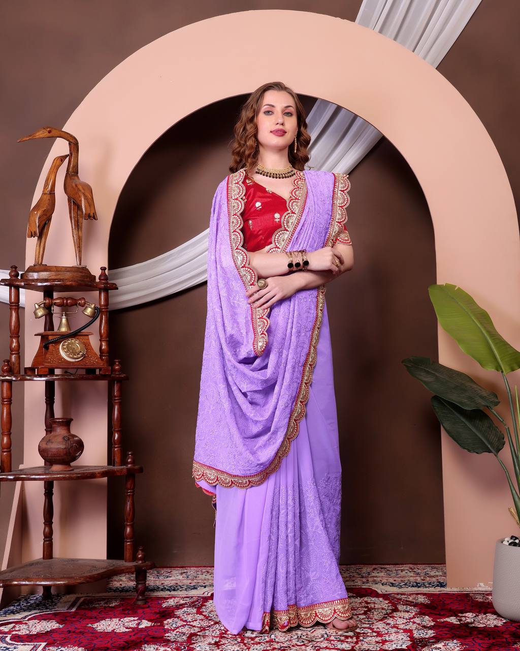 Teeya Creation Lavender Color Georgette Fabric Chikankari Work Saree | Grocsy