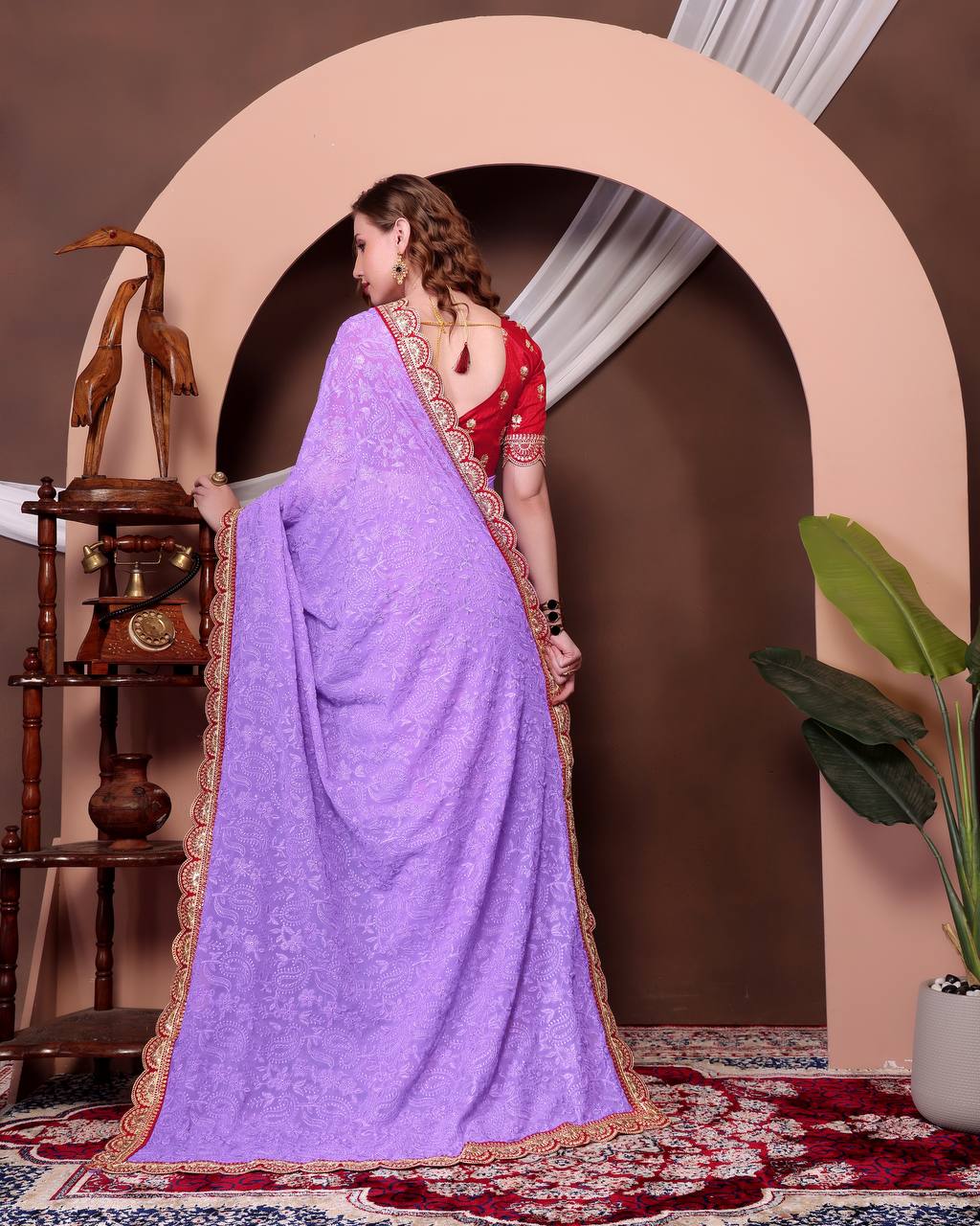 Teeya Creation Lavender Color Georgette Fabric Chikankari Work Saree | Grocsy