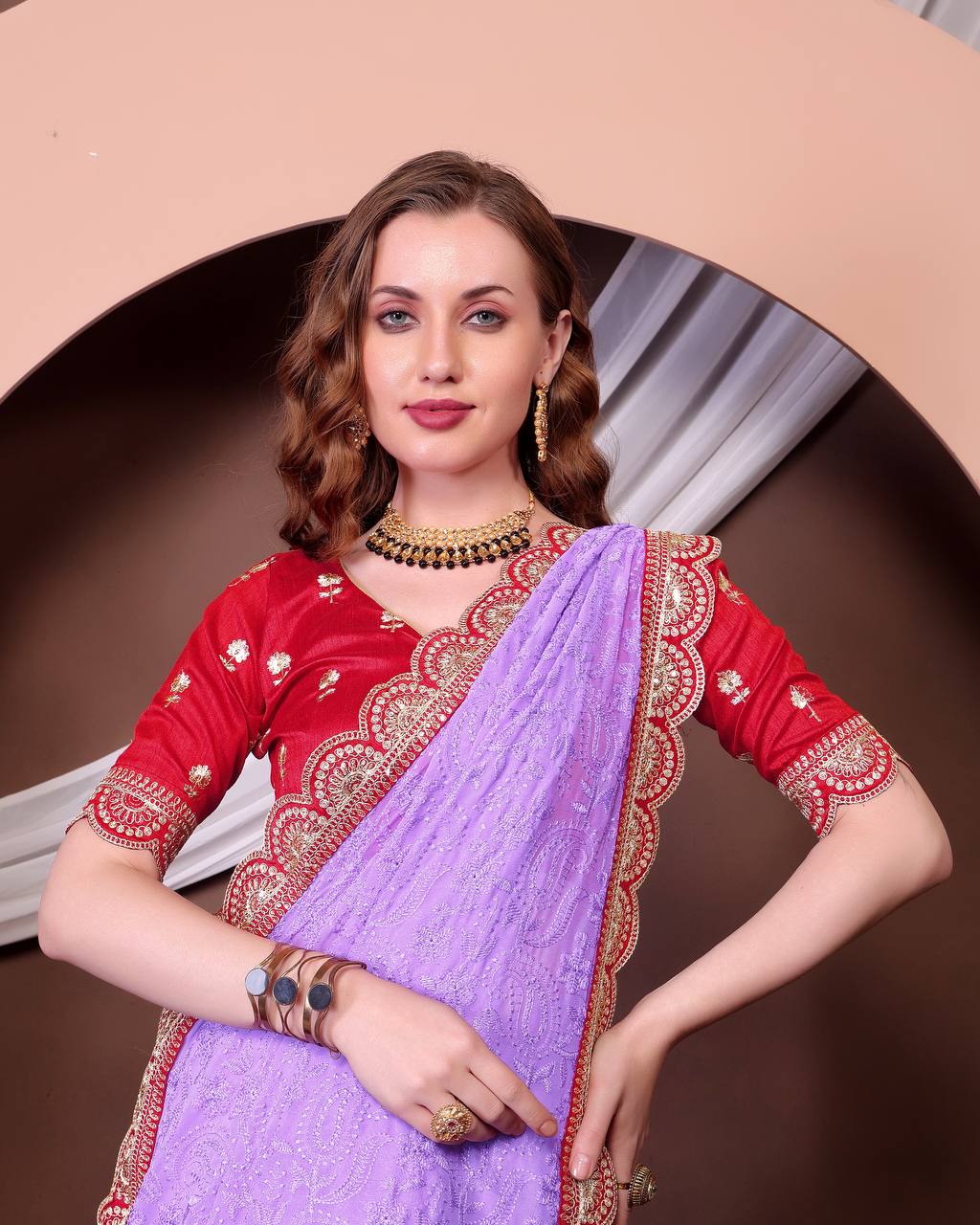 Teeya Creation Lavender Color Georgette Fabric Chikankari Work Saree | Grocsy
