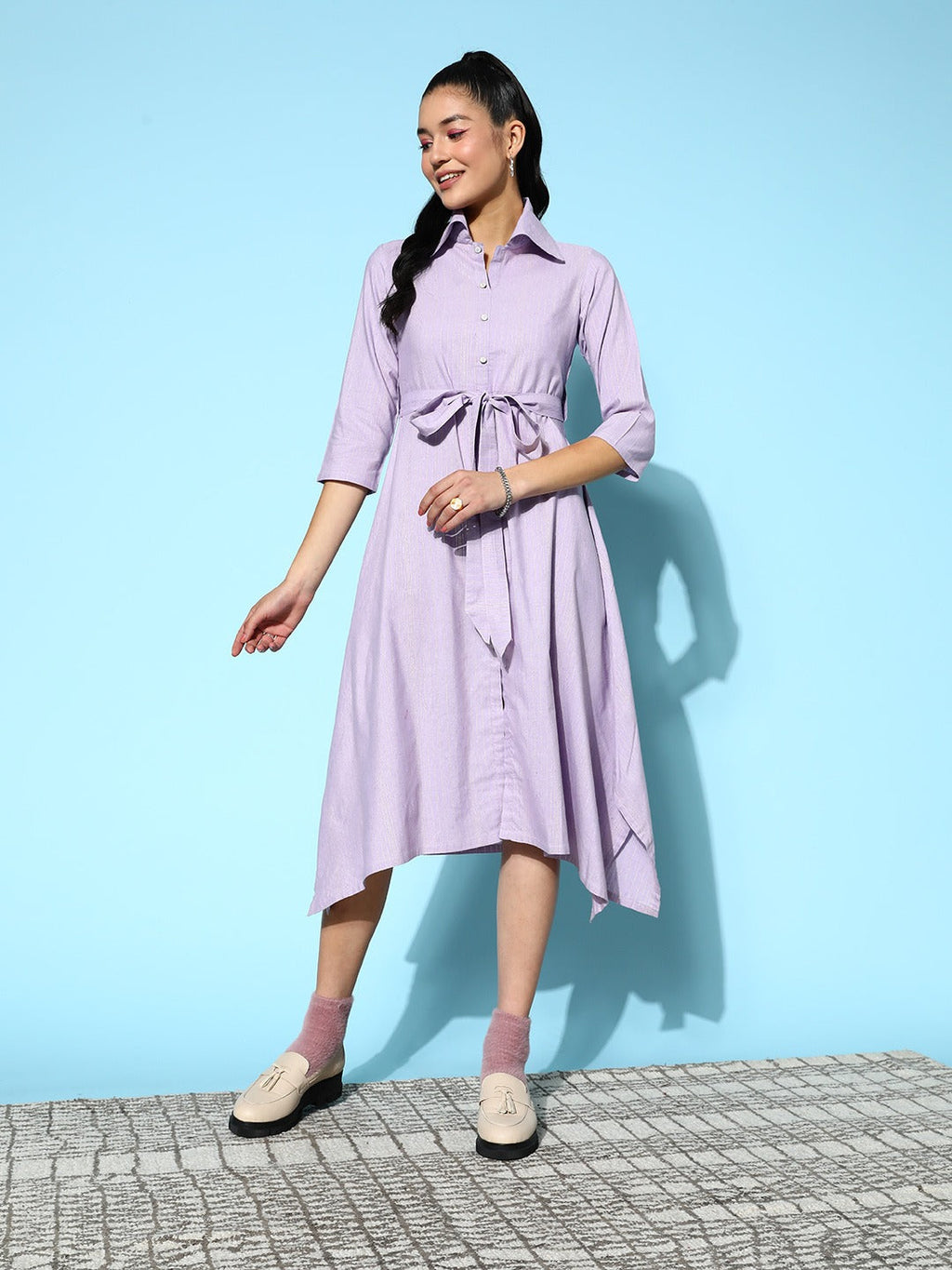 Yufta Lavender Belted Midi Dress | Grocsy