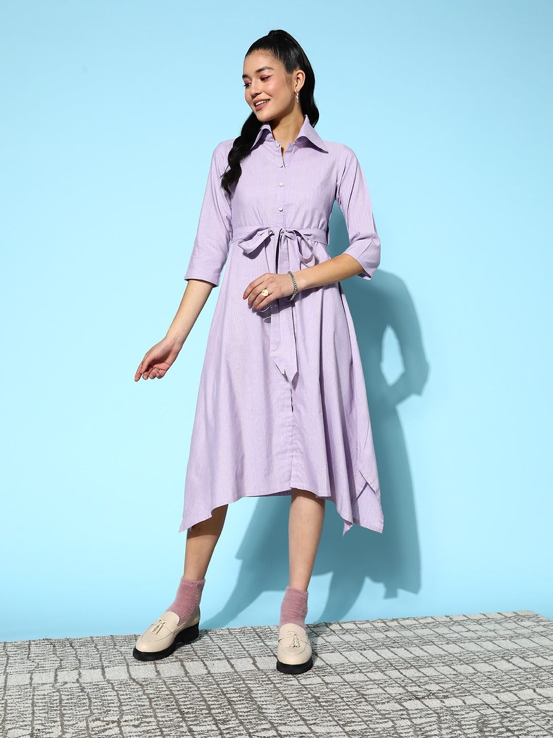Yufta Lavender Belted Midi Dress | Grocsy