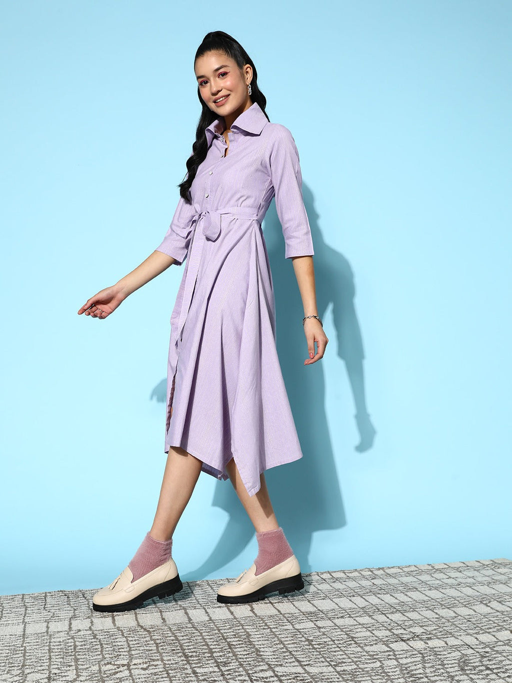 Yufta Lavender Belted Midi Dress | Grocsy