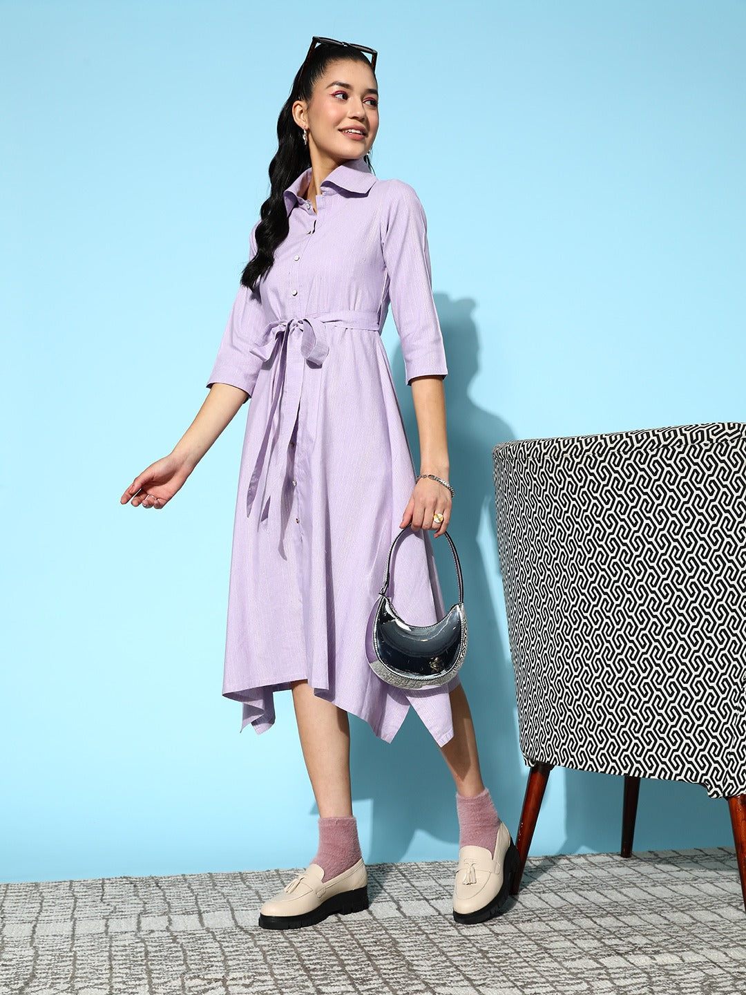 Yufta Lavender Belted Midi Dress | Grocsy